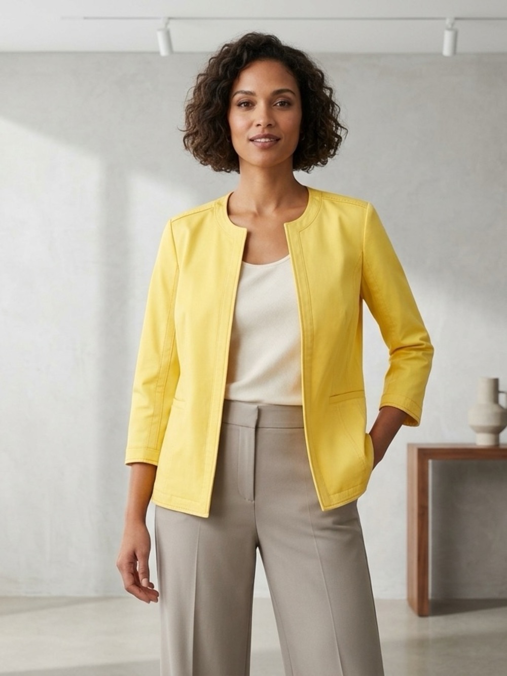 Rafaella Studio Blazer Sz S Open Front Stretchy Yellow summer Collarless